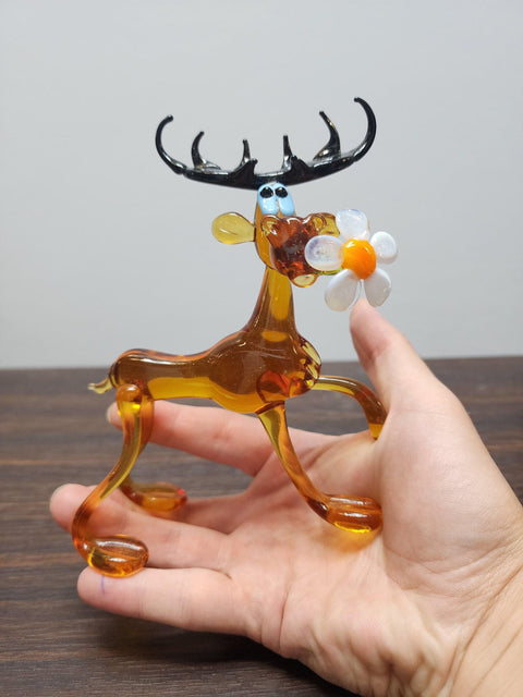 Glass Moose With Daisy Figurine, Handmade Murano Quality Design - Large