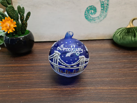 Blue Blown Glass Ornament - Handcrafted - Brooklyn Bridge Design