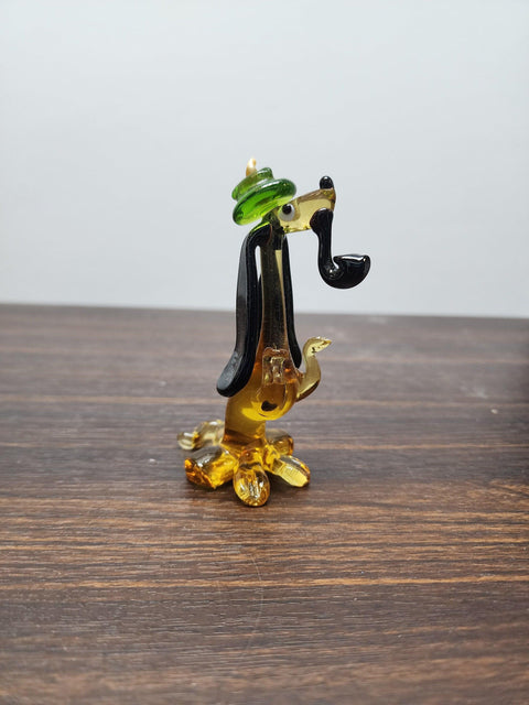 Naturally Colored Glass Figurine - Handcrafted - Dachshund Smoking Pipe Design