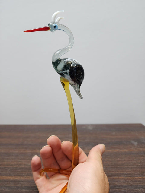 Naturally Colored Glass Figurine - Handcrafted - Clear Stork Design