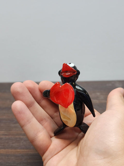 Naturally Colored Glass Figurine - Handcrafted - Penguin & Heart Design