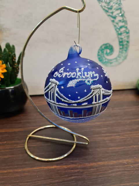 Blue Blown Glass Ornament - Handcrafted - Brooklyn Bridge Design