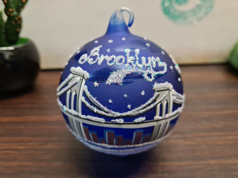 Blue Blown Glass Ornament - Handcrafted - Brooklyn Bridge Design