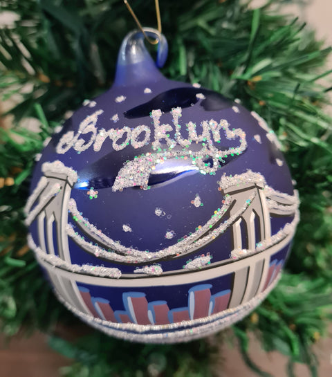 Blue Blown Glass Ornament - Handcrafted - Brooklyn Bridge Design