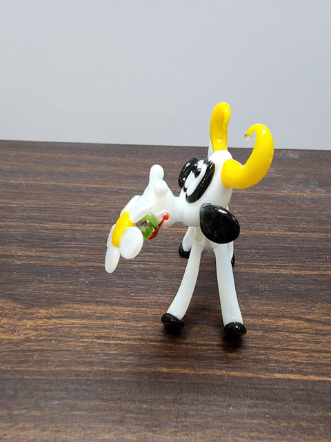 White Glass Cow With Daisy Figurine, Handmade Murano Quality Design - Large